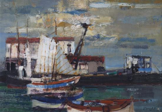 J. Leonard, oil on canvas, fishing boats in harbour, signed and dated 63, 64 x 91cm